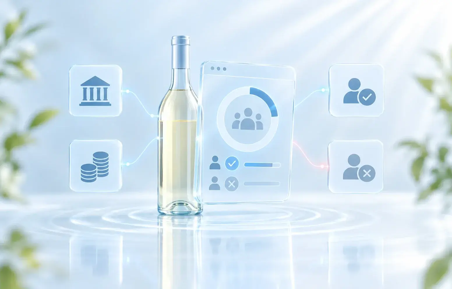 A wine bottle next to a dashboard showing a partly filled completion ring, with government, coins, approved user and rejected user icons