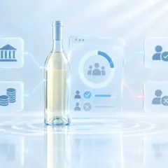 A wine bottle next to a dashboard showing a partly filled completion ring, with government, coins, approved user and rejected user icons