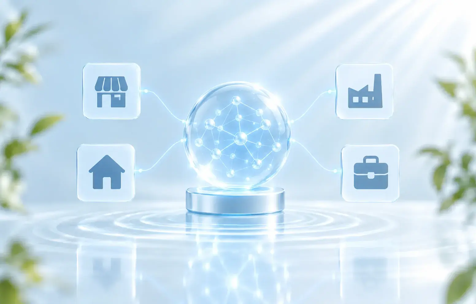A glowing glass sphere of connections on a pedestal, linked to shop, factory, home and briefcase icons