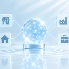A glowing glass sphere of connections on a pedestal, linked to shop, factory, home and briefcase icons