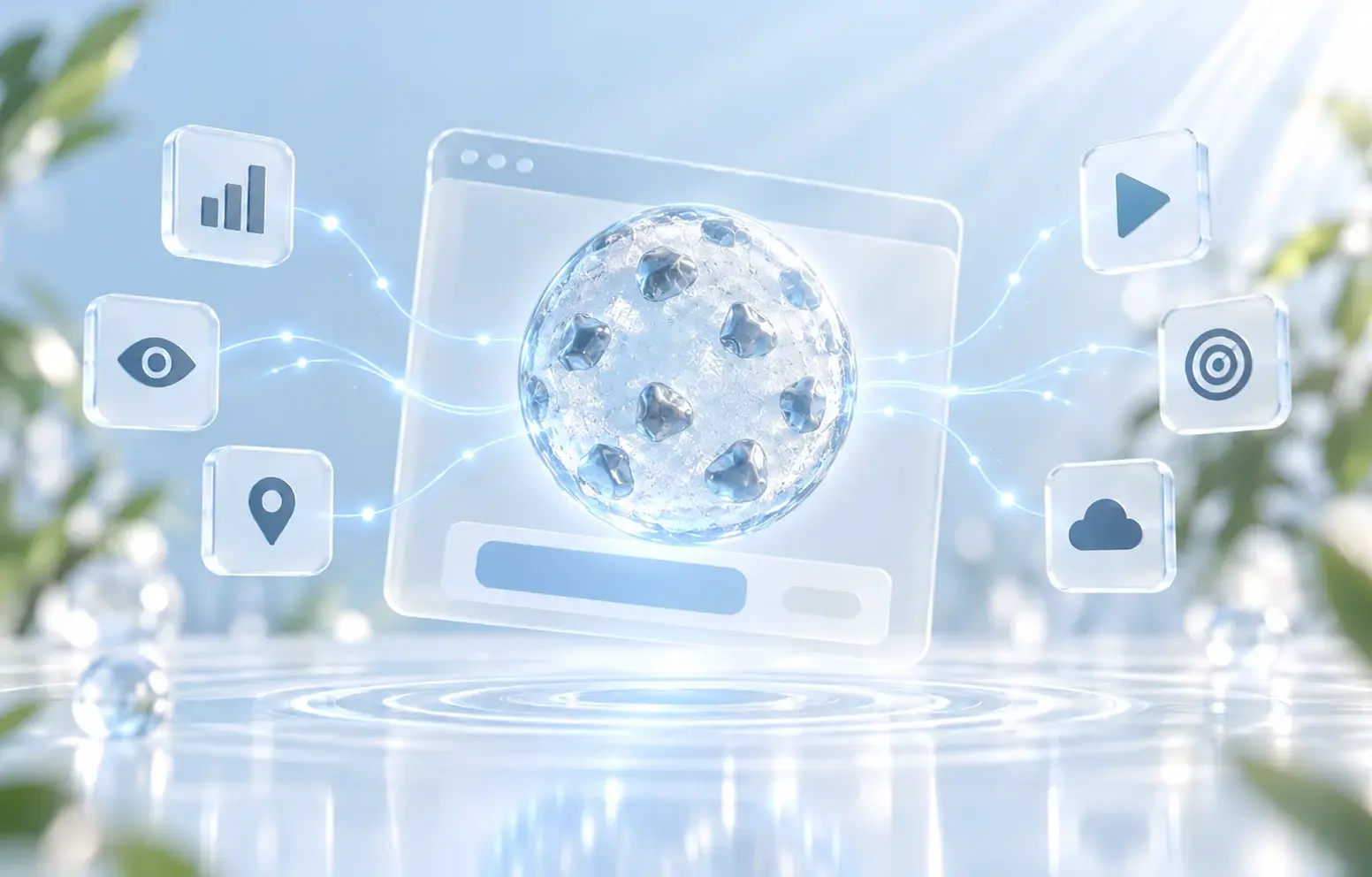 A frosted cookie inside a browser window, linked to analytics, location, video and tracking icons