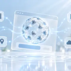 A frosted cookie inside a browser window, linked to analytics, location, video and tracking icons