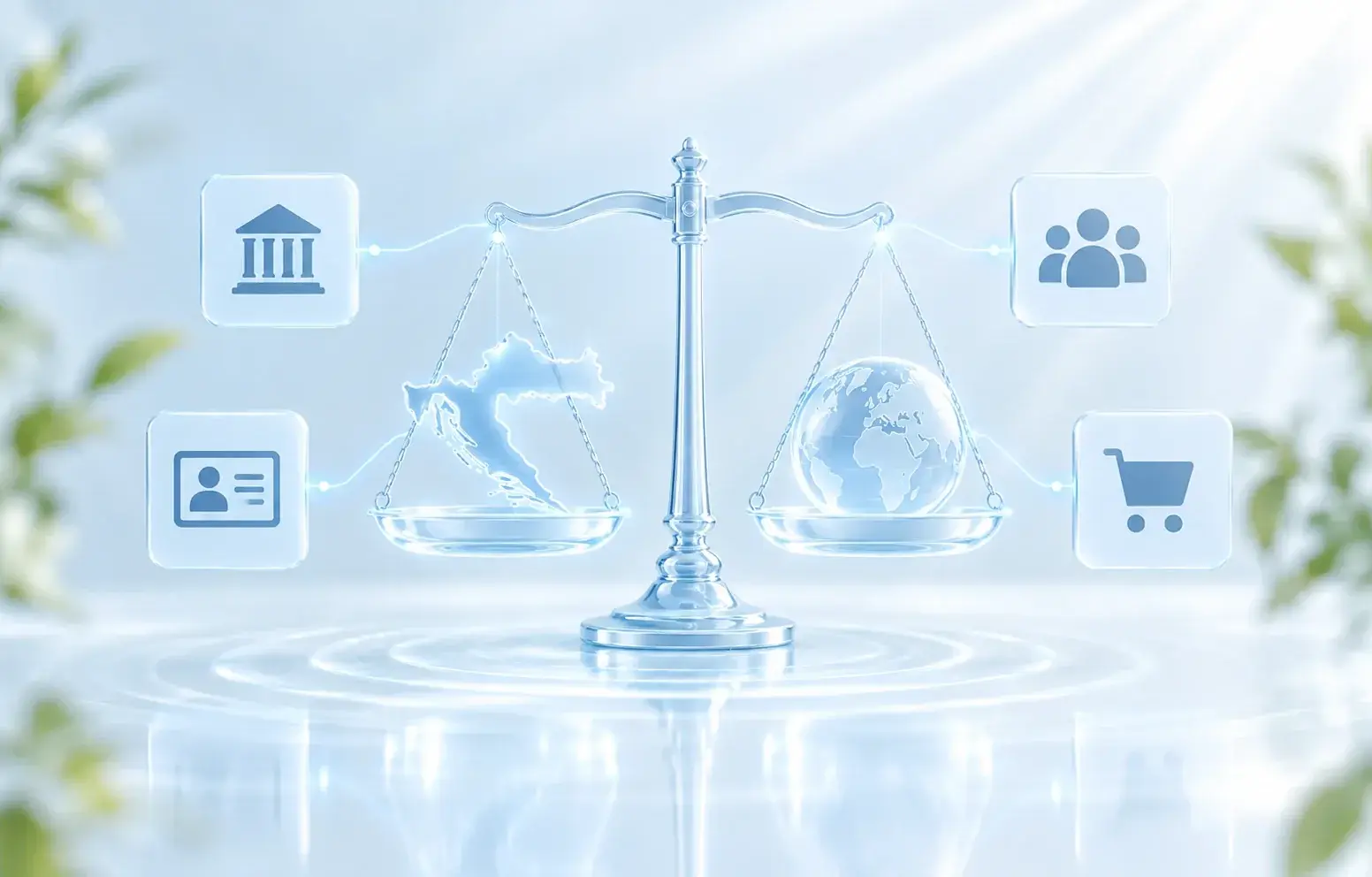 A balance scale weighing a map of Croatia against a globe, with government, ID card, customers and shopping cart icons