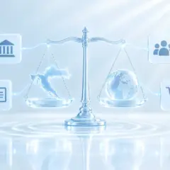 A balance scale weighing a map of Croatia against a globe, with government, ID card, customers and shopping cart icons