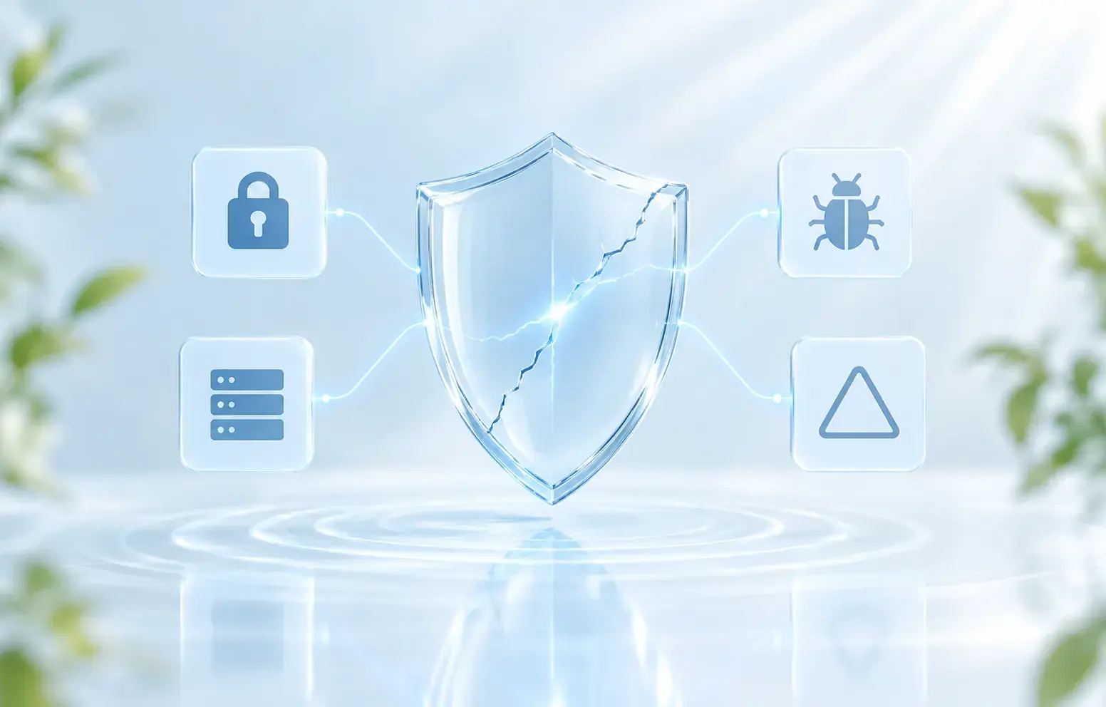 A cracked glass shield between lock, bug, server and warning icons