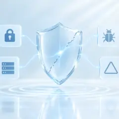 A cracked glass shield between lock, bug, server and warning icons