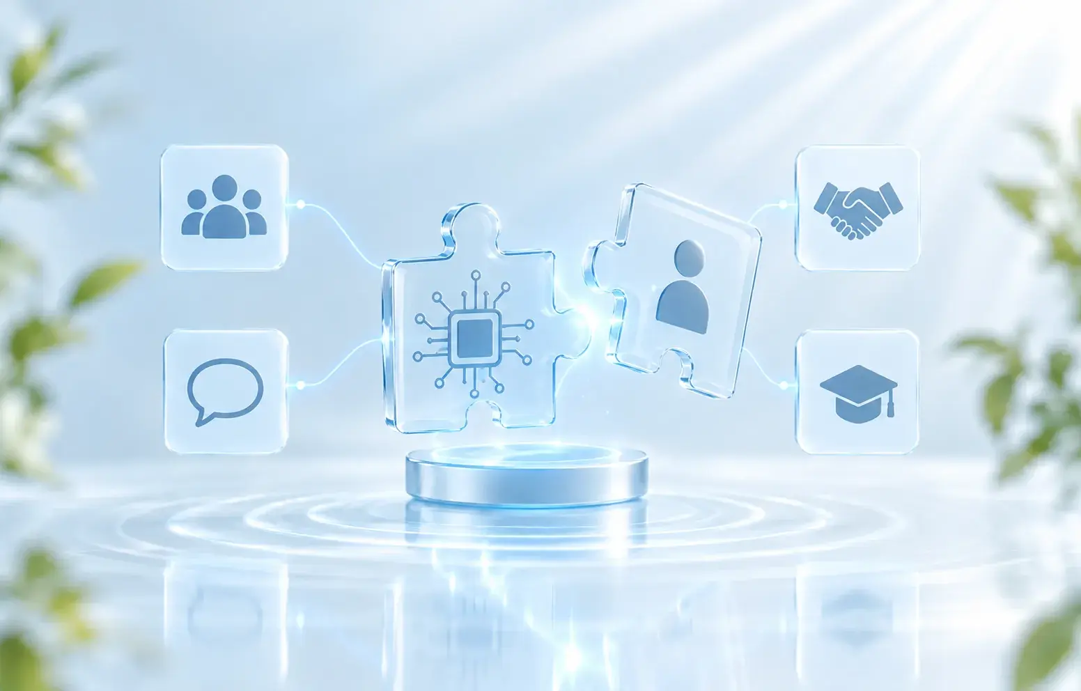 Two glass puzzle pieces, a chip and a person, fitting together among team, chat, handshake and learning icons