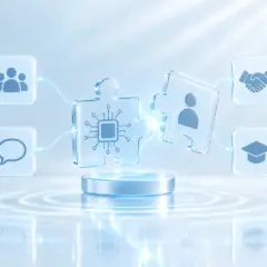 Two glass puzzle pieces, a chip and a person, fitting together among team, chat, handshake and learning icons