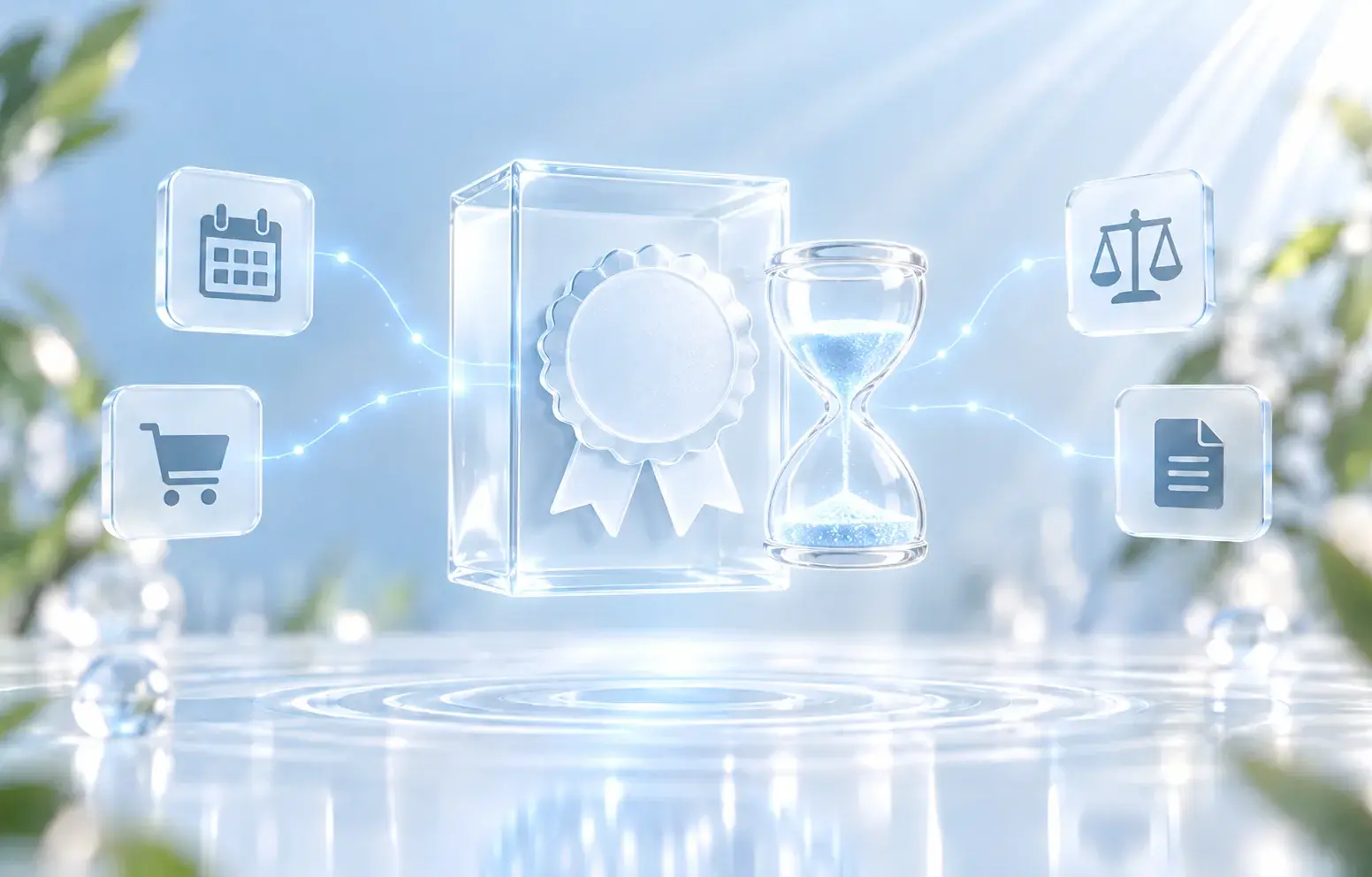 A glass guarantee certificate and an hourglass, with calendar, shopping cart, scales and document icons