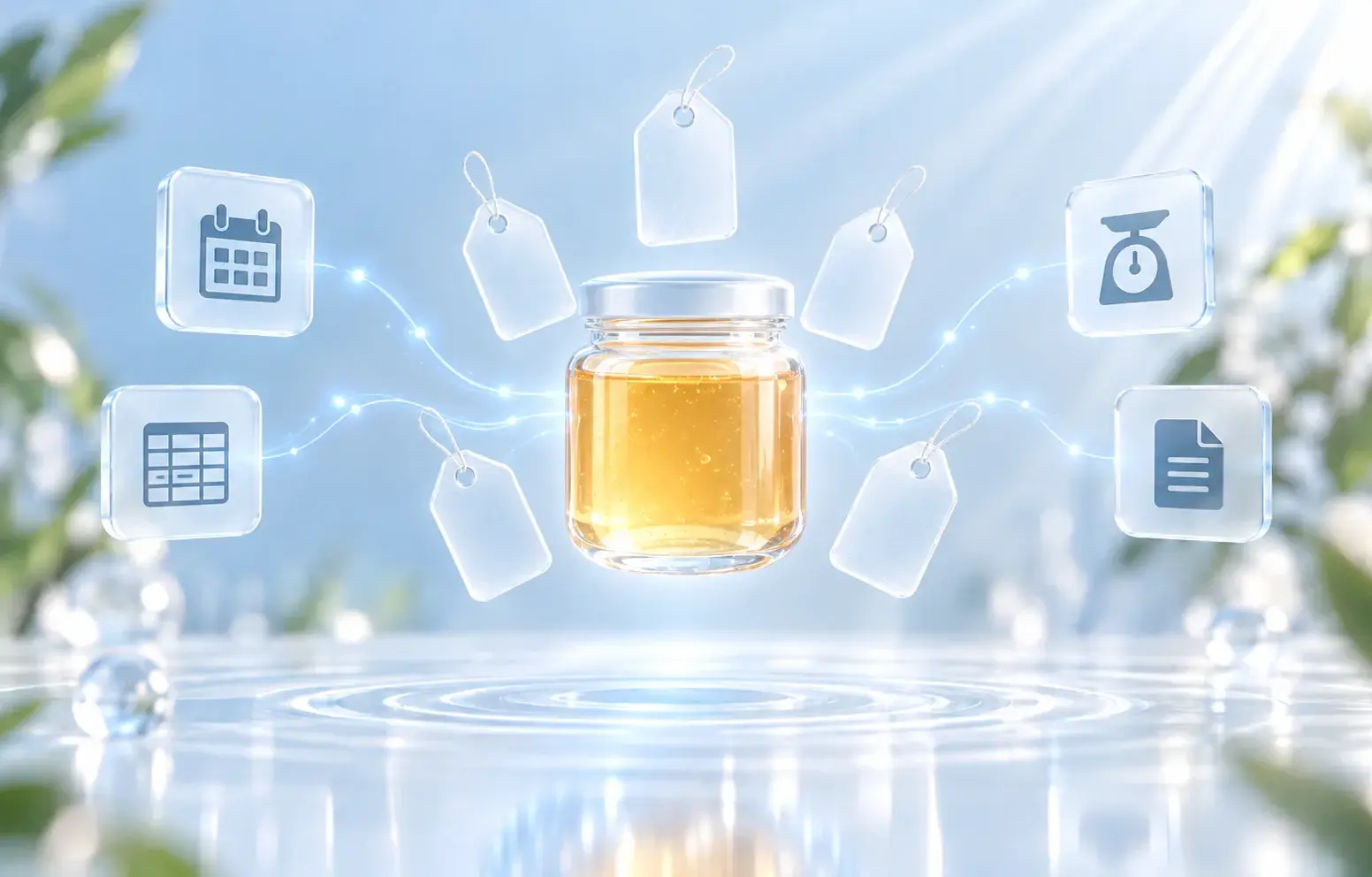A jar of honey surrounded by price tags, with calendar, spreadsheet, scale and document icons