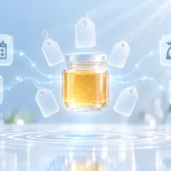 A jar of honey surrounded by price tags, with calendar, spreadsheet, scale and document icons