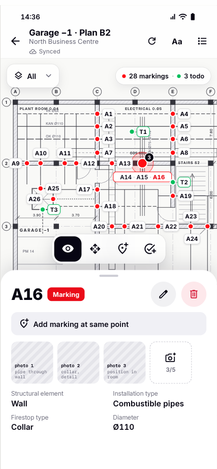 Mobile app on a phone: a floor plan with numbered installation markings and the detail sheet of one marking