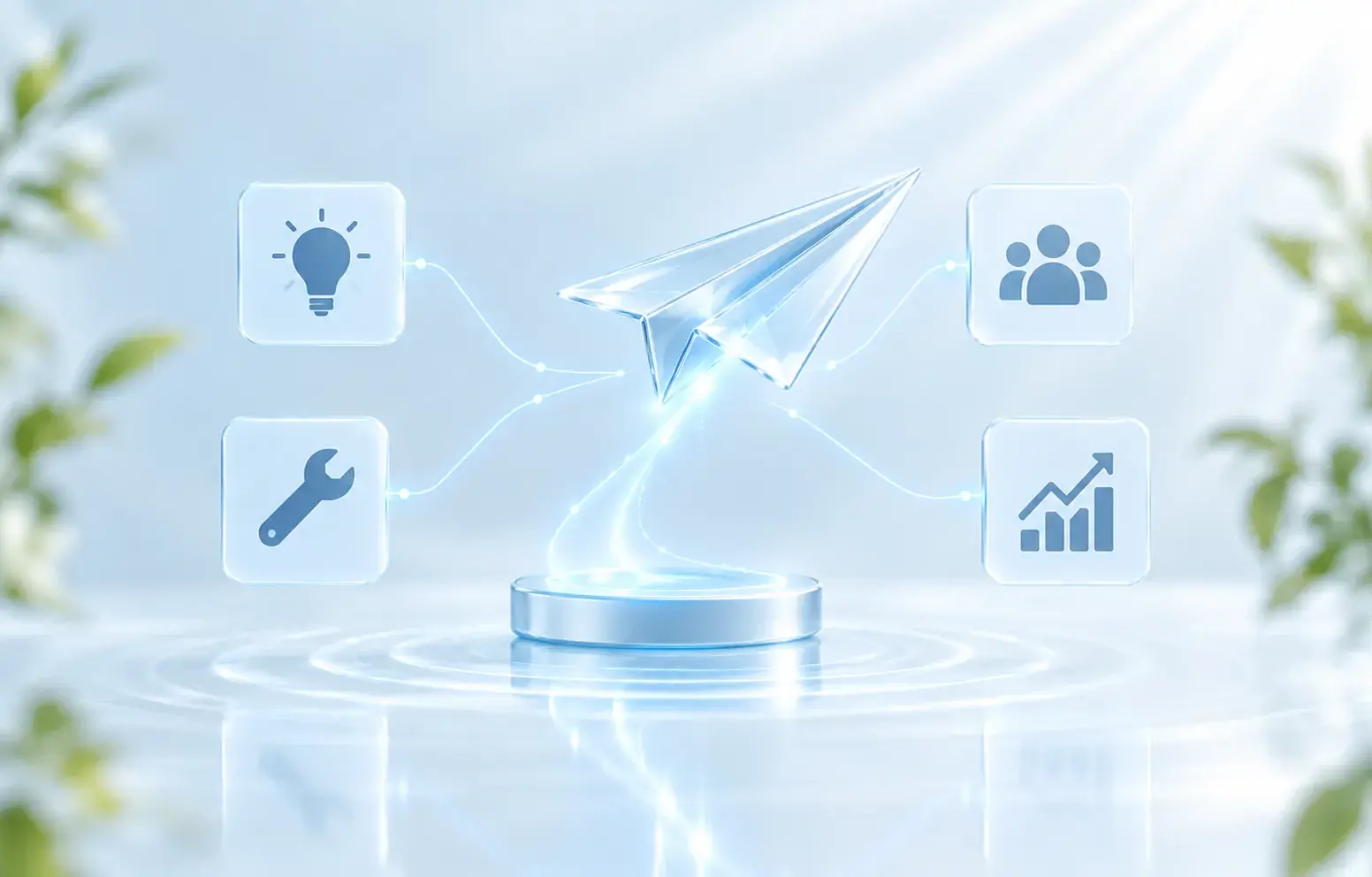 A glass paper plane taking off from a pedestal, with idea, tools, team and growth chart icons