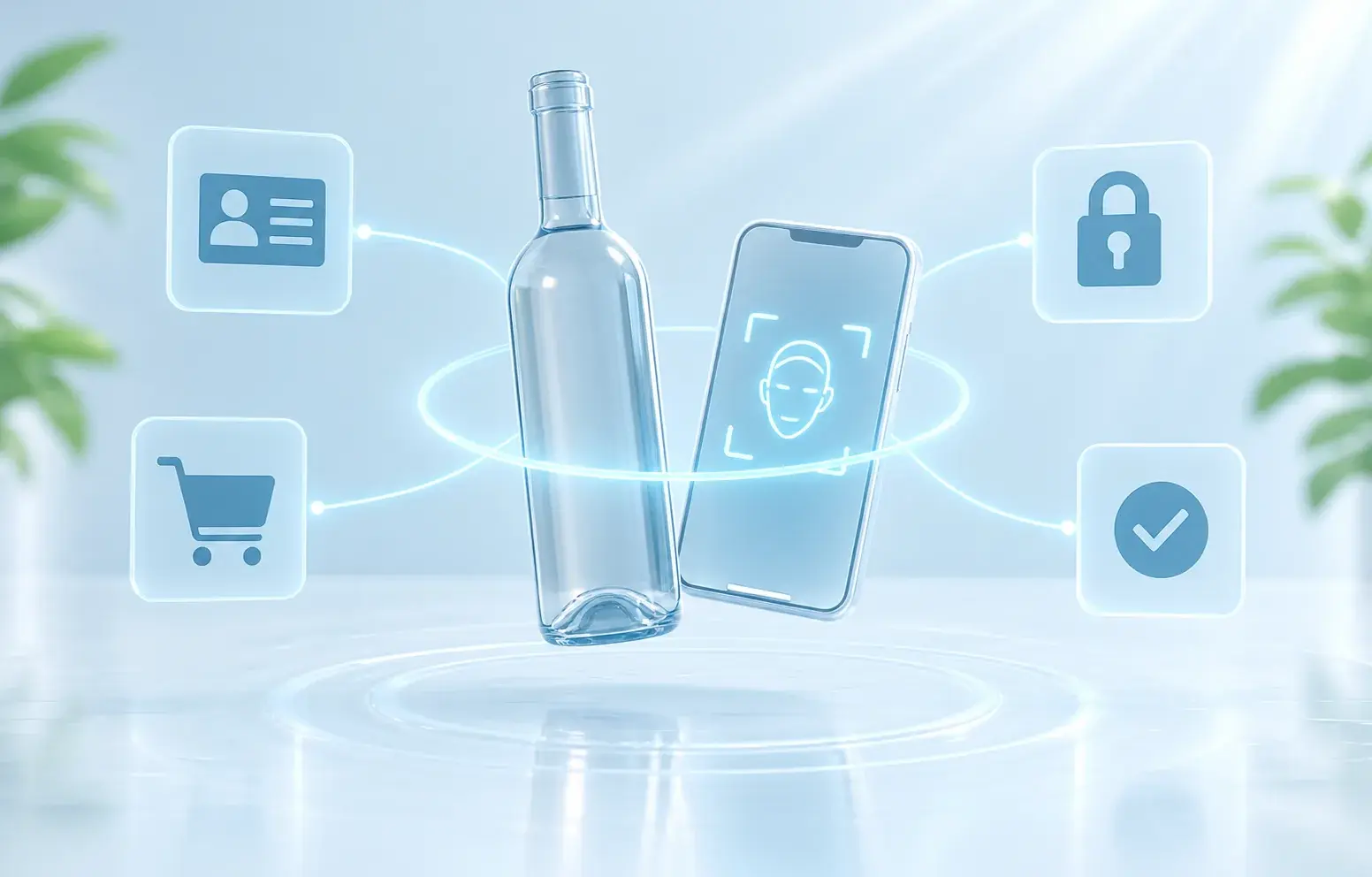 A wine bottle next to a phone showing face verification, with ID card, shopping cart, lock and check icons