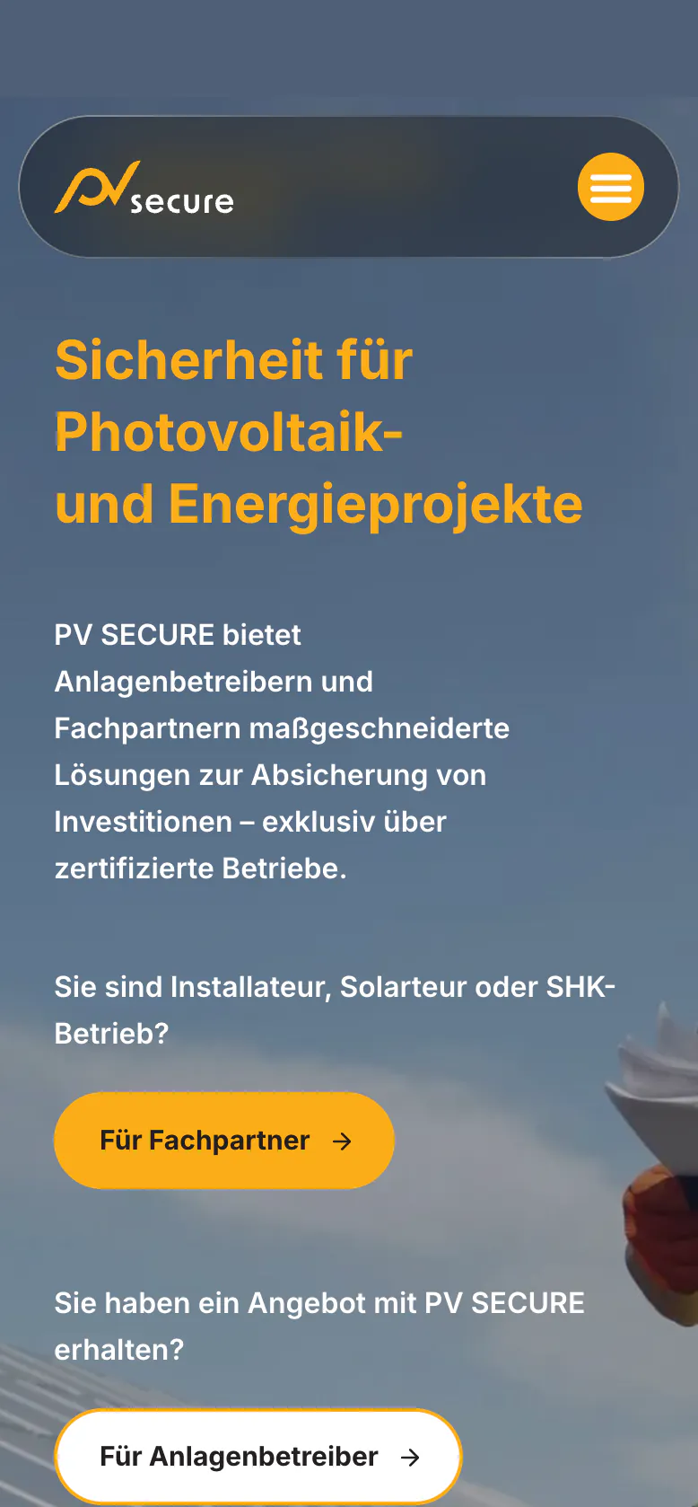 PV SECURE corporate website, mobile view