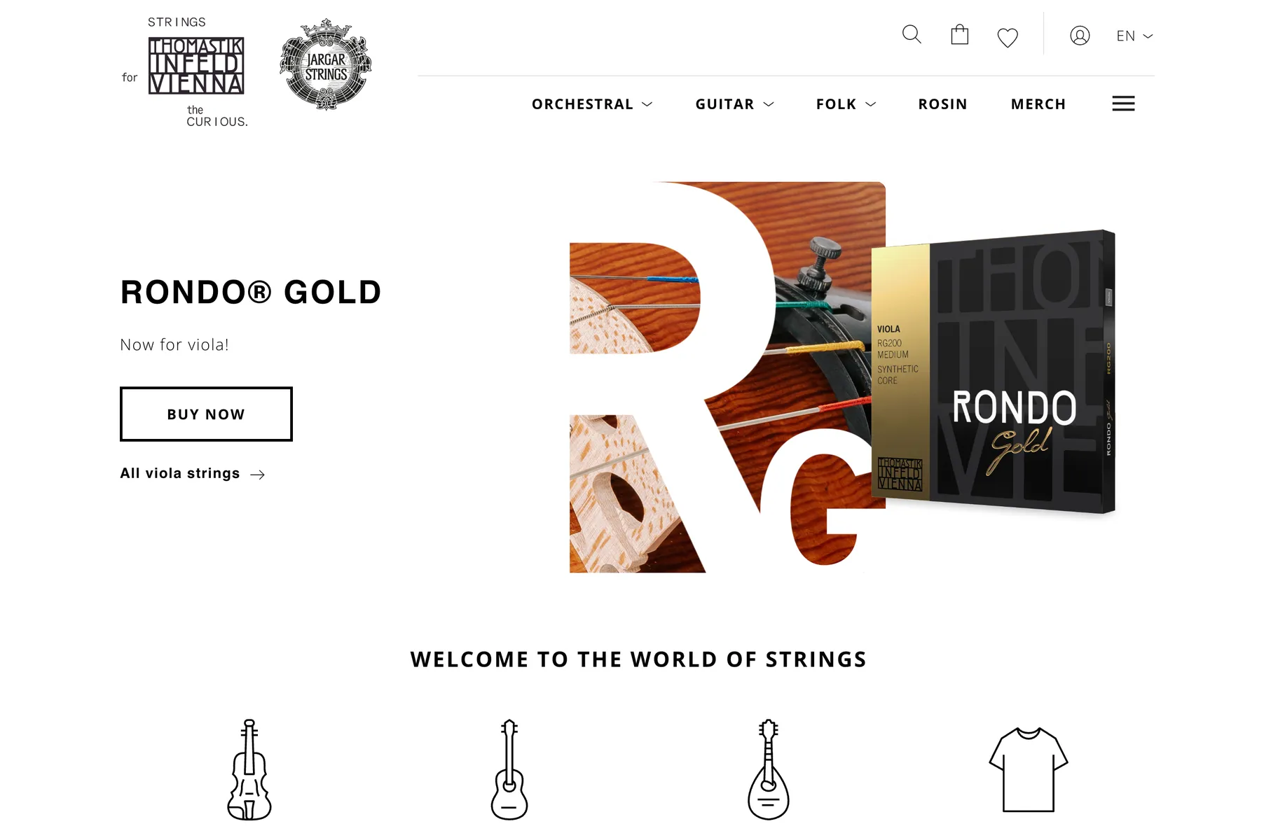 Thomastik-Infeld webshop on a laptop: homepage featuring Rondo Gold viola strings