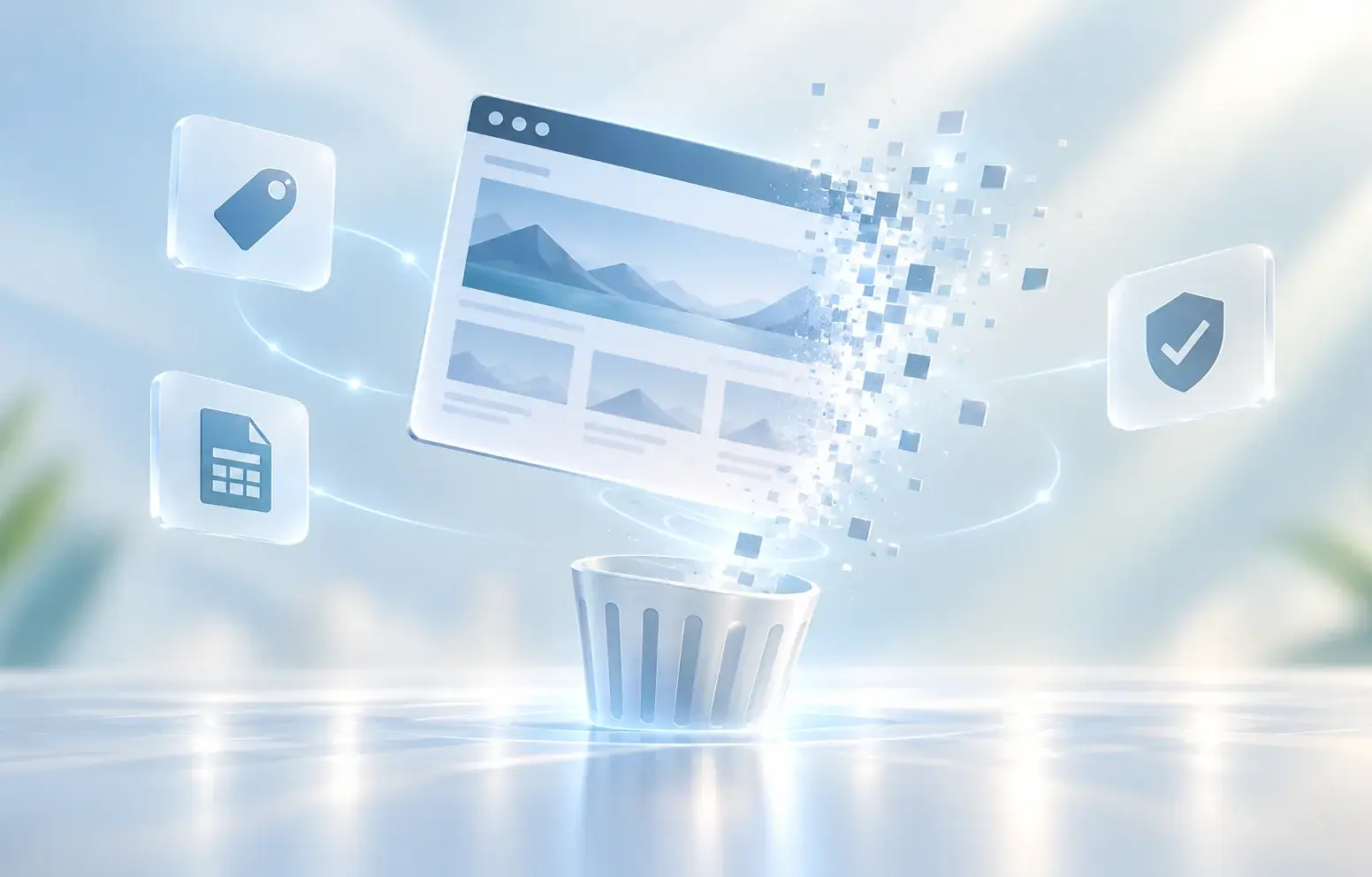 A website window breaking into pixels and falling into a bin, surrounded by price tag, document and security icons