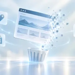 A website window breaking into pixels and falling into a bin, surrounded by price tag, document and security icons
