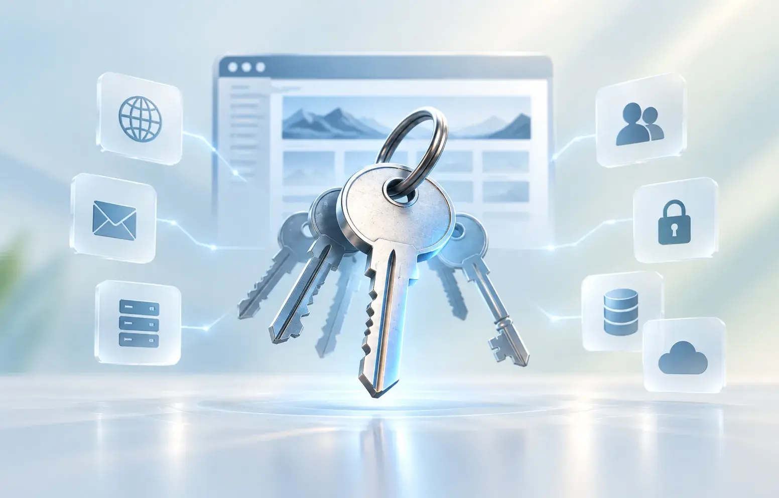 A bunch of keys in front of a website, connected to email, server, database, cloud and lock icons