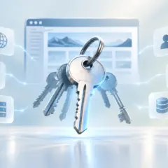 A bunch of keys in front of a website, connected to email, server, database, cloud and lock icons